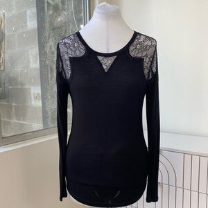 French Connection Black Lace-Shoulder Long Sleeve Top, Size S